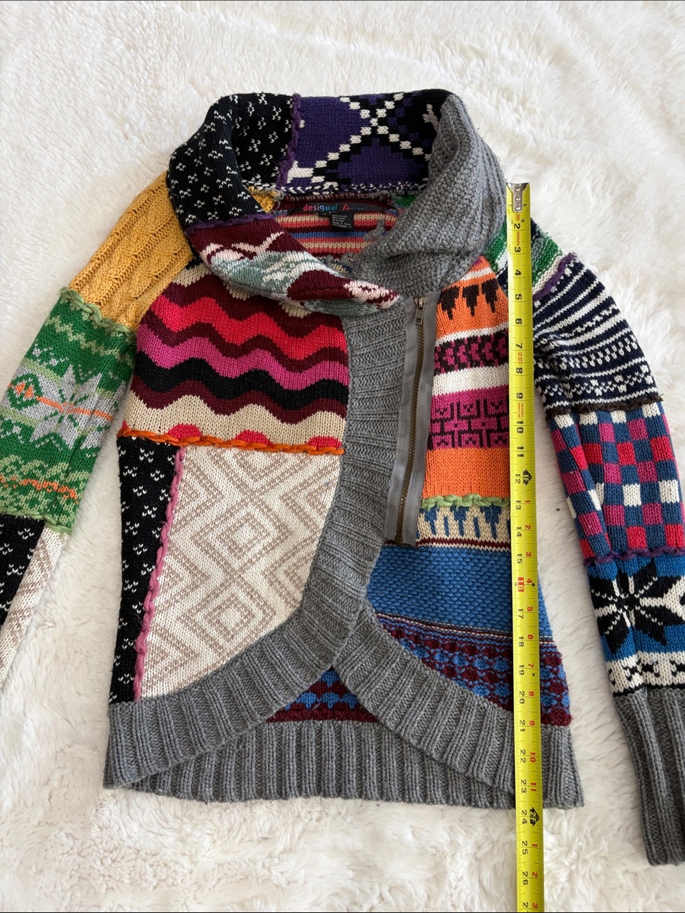 Desigual Multicolor Patchwork Zip-Up Sweater with Gray Trim,Size M. - Picture 12 of 17